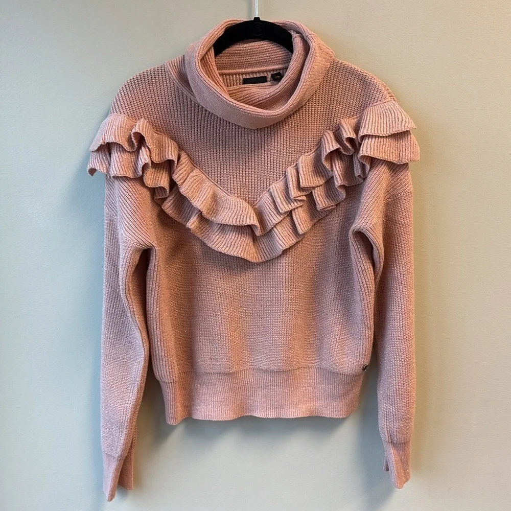Beckaro M Pink Ruffled Turtleneck Sweater